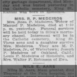 Rosa P Madeiros Honolulu Star-Bulletin
Honolulu, Hawaii · Wednesday, September 28, 1921