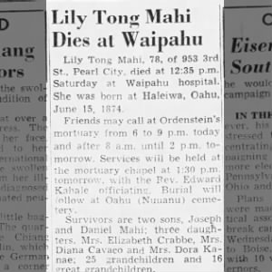 Obituary for Lily Tong Malii