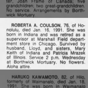 Obituary for ROBERTA A. COULSON