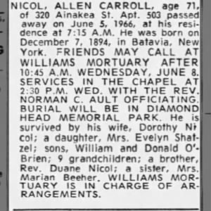 Obituary- Allen Carroll Nicol (Honolulu Star-Bulletin, p.42)