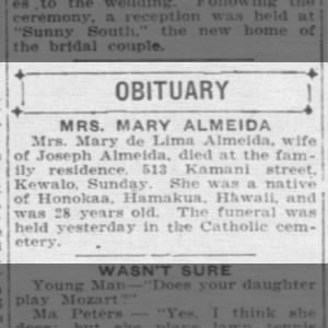 Mary de Lima Almeida Honolulu Star-Bulletin
Honolulu, Hawaii · Tuesday, May 24, 1921