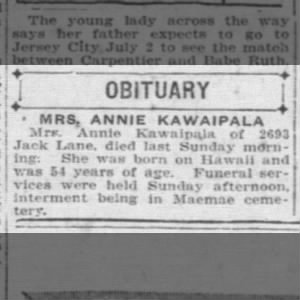 Annie Kawaipala Honolulu Star-Bulletin
Honolulu, Hawaii · Tuesday, May 31, 1921
