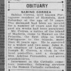 Sabino Correa Honolulu Star-Bulletin
Honolulu, Hawaii · Monday, October 31, 1921