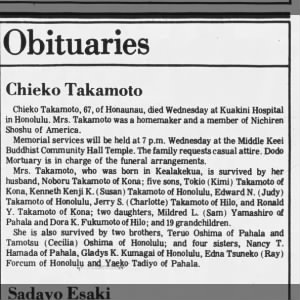 Obituary for Chieko Takamoto