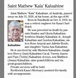 Obituary for Saint Mathew Kaluahine
